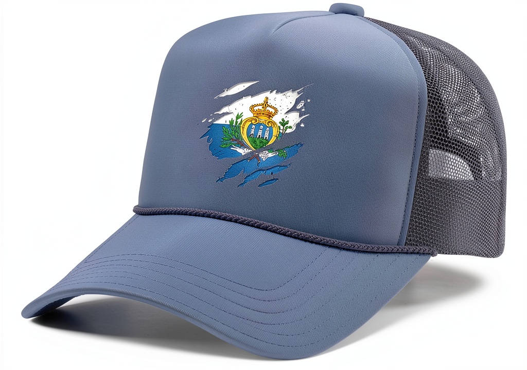 San Marino flag trucker hat showing rip design and adjustable strap
