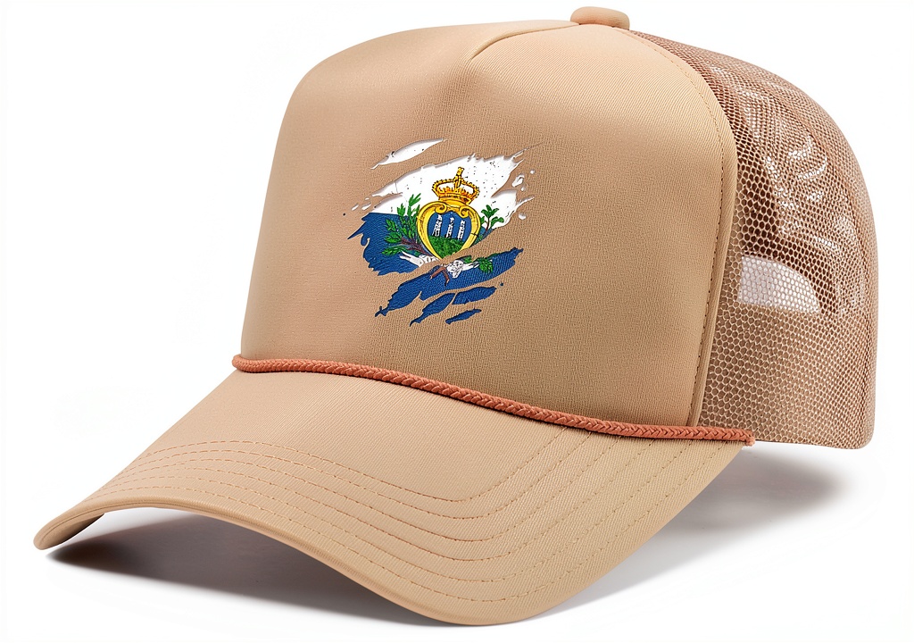 San Marino flag trucker hat displayed on a neutral background