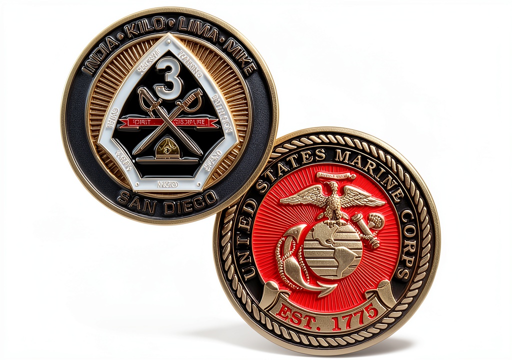 Close-up of U.S. Marine Corps challenge coin showing detailed 3D design and antique brass finish