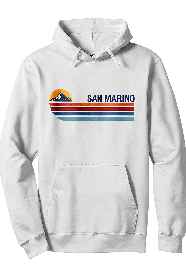 San Marino Vintage T Shirt Colorful Design Unisex Adult displayed on a model at a casual outdoor café