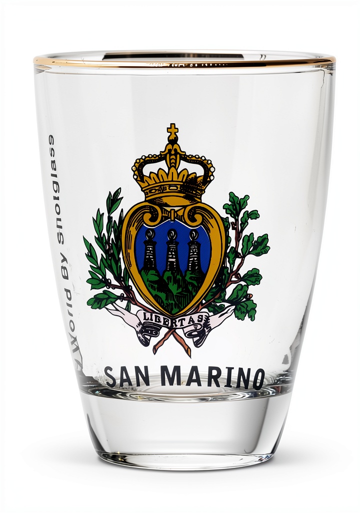 'World By Shotglass San Marino ceramic shot glass displayed on a shelf'