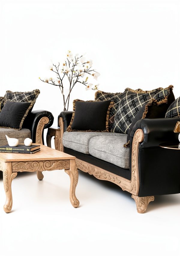 Roundhill Furniture Sofa Loveseat Set Gray Fabric Tables-1